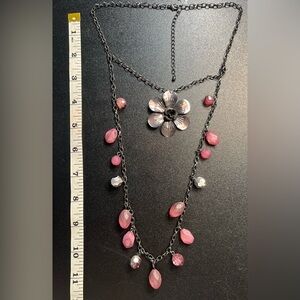 Gunmetal Chain Whimsigoth Pink Acrylic Beads Carved Rose 2 Layer Necklace